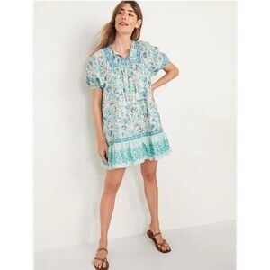 Old Navy Teal Puff Sleeve Mini Swing Dress Sz L Ruffled Boho Coastal Cottagecore